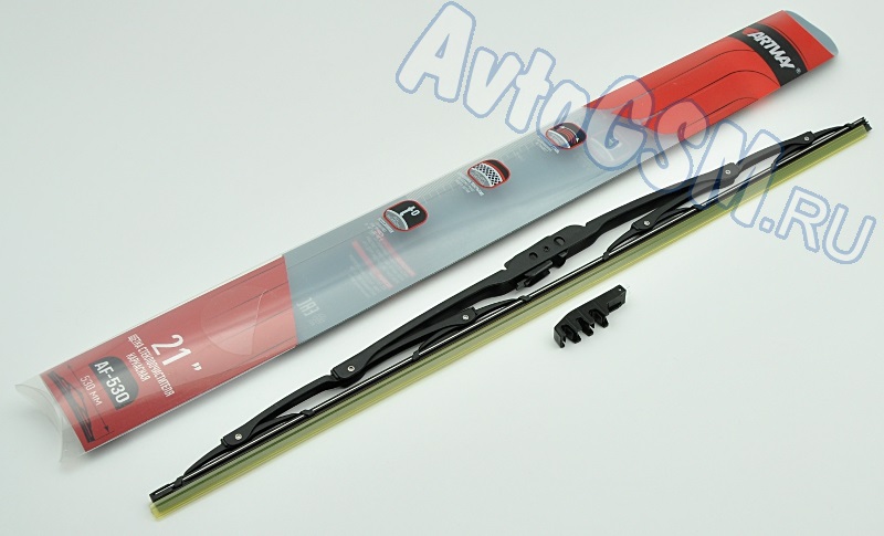 ARTWAY AF-530 ARTWAY AF-530Щетки стеклоочистителя<br>21 дюйм, 530 мм - крепление Hook Крючок, пружинная сталь, тефлоновое покрытие, всесезонное использование, каркасная конструкция. Эта щетка имеет каркасное исполнение. Ее длина составляет 53 см, или 21 дюйм. Она совместима с наиболее распространенным среди современных автомобилей креплением - Hook (Крючок). После монтажа Вам длительное время можно будет не беспокоиться о замене, ведь рабочая поверхность изделия представляет собой эластичную резинку, которая не плавится в жару и не твердеет при низких температурах, а значит, не зависит от сезонности. Долговечность щетки обеспечивается также применением в производстве корпуса прочной легированной стали, которая не ржавеет, а также тефлоновым покрытием.<br>