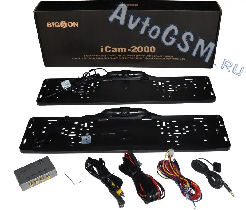 BIGSON iCam-2000 BIGSON iCam-2000Универсальные камеры заднего вида<br>в рамках номерного знака - светочувствительность 0.1 лк, парковочные линии, кнопка управления камерой переднего вида. Bigson iCam-2000 - это комплект из 2-х камер (переднего и заднего вида). Отличительной особенностью iCam-2000 является то, что устройства уже установлены в рамки номерного знака автомобиля. Также камеры имеют высокий уровень светочувствительности 0.1 лк и угол обзора 170 градусов (по диагонали). Помимо этого, приборы обладают парковочными линиями, герметичным корпусом и широким диапазоном рабочих температур.<br>